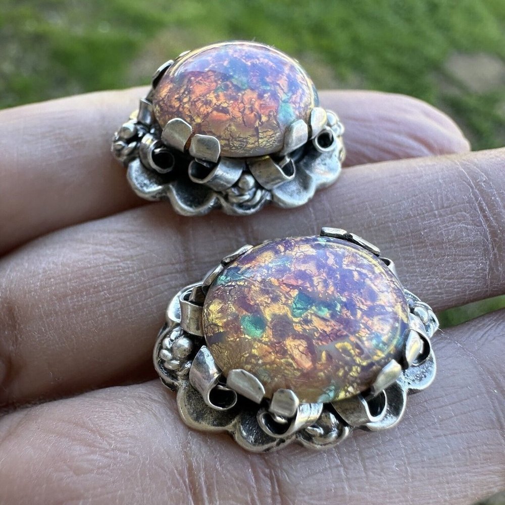 VTG Taxco Mexico sterling silver and faux foil opal earrings - Picture 2 of 11